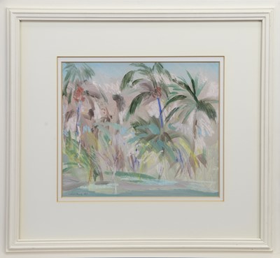 Lot 517 - PALM TREES, WEST GULF BEACH, A MIXED MEDIA BY IRENE LESLEY MAIN