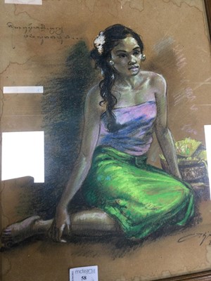 Lot 58 - A BALINESE MIXED MEDIA STUDY OF A SEATED GIRL, ALONG WITH A COROMANDEL WOOD CARVING
