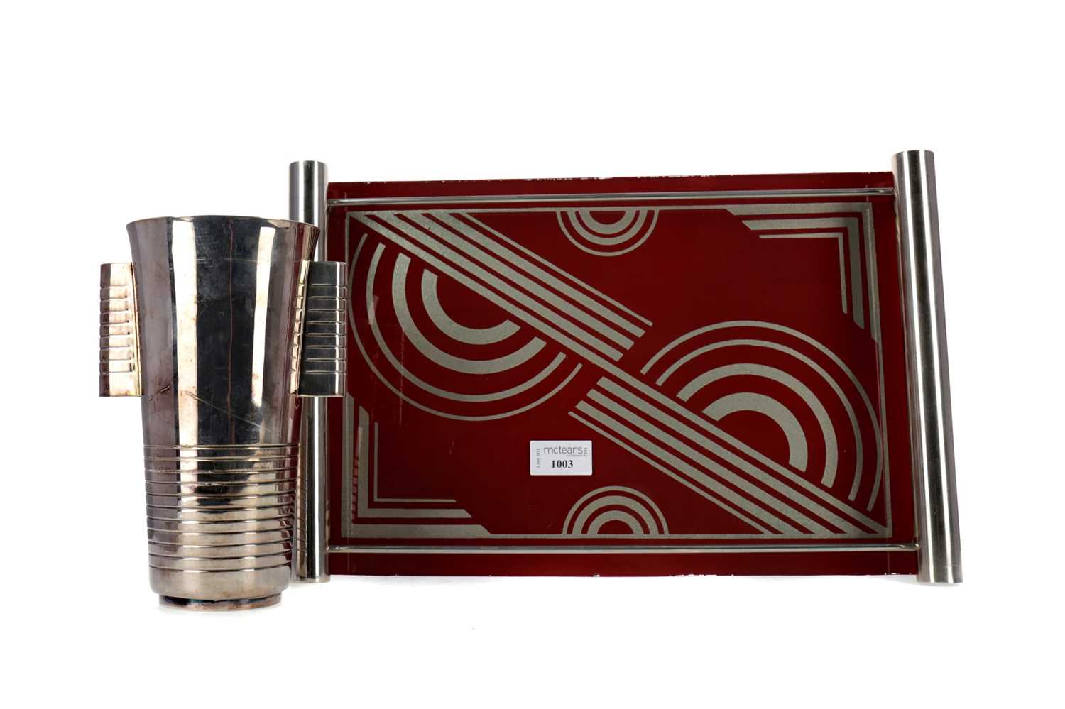 Lot 1003 - AN ART DECO TRAY AND PLATED BEAKER