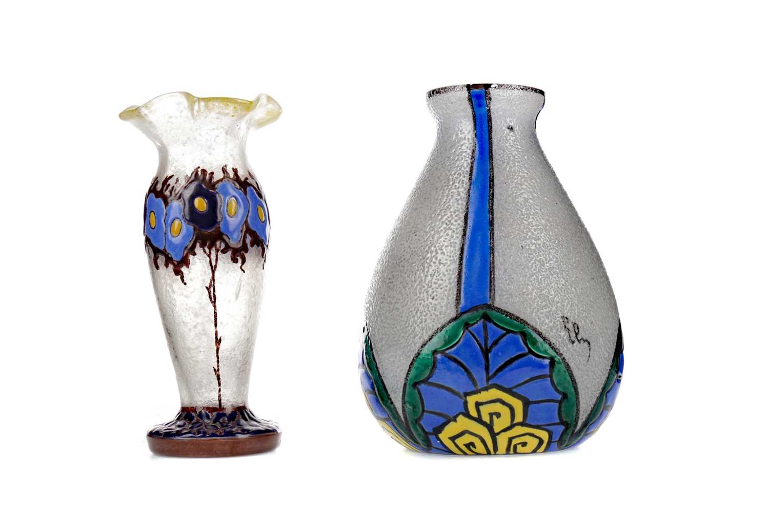 Lot 1030 - TWO EARLY 20TH CENTURY FRENCH FROSTED AND ENAMELLED GLASS VASES