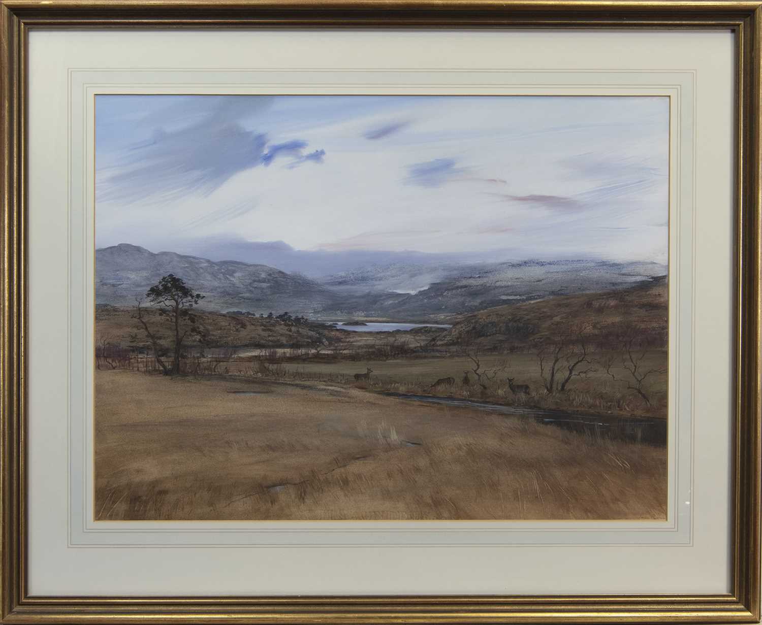 Lot 528 - HINDS AT EVENING, A MIXED MEDIA BY IAIN ROSS