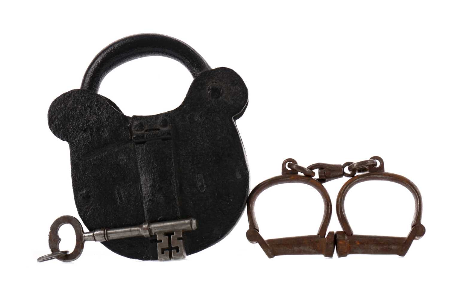 Lot 1686 - A PAIR OF EARLY 20TH CENTURY HIATT CAST METAL HANDCUFFS, ALONG WITH A LOCK, AND A KEY