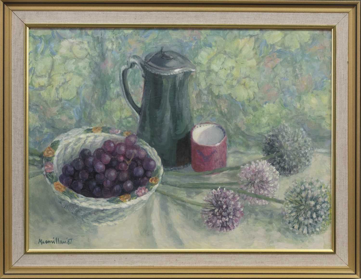 Lot 556 - STILL LIFE WITH GRAPES, AN OIL BY ANN MACMILLAN