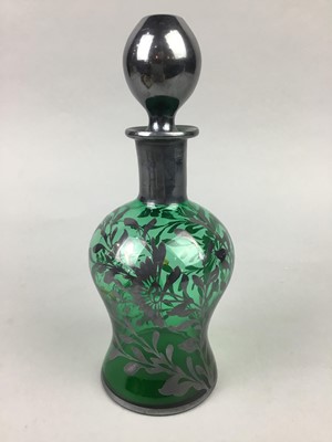 Lot 39 - A 20TH CENTURY GREEN GLASS DECANTER WITH STOPPER AND PORTRAIT MINIATURES