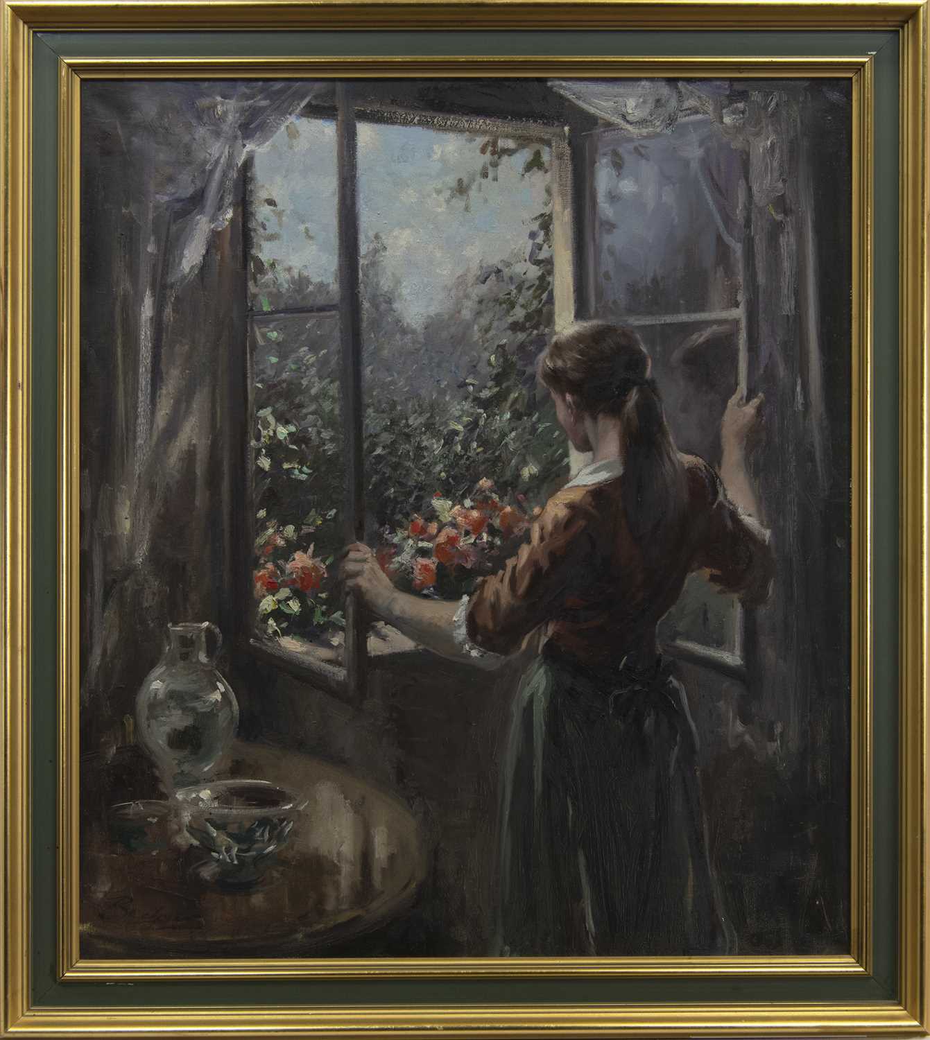 Lot 588 - OUT THE WINDOW, AN OIL BY "BECKER"