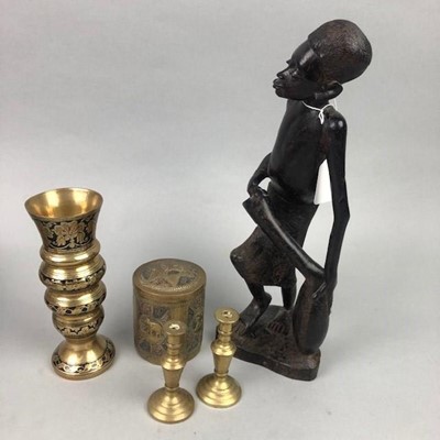 Lot 82 - AN AFRICAN CARVED FIGURE AND A COLLECTION OF BRASS