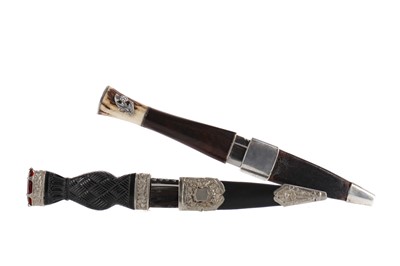 Lot 1689 - AN EARLY 20TH CENTURY SILVER AND HORN MOUNTED SGIAN-DHU, ALONG WITH ANOTHER