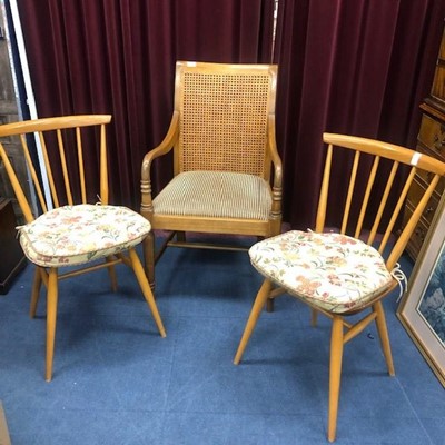 Lot 196 - A 20TH CENTURY CANE BACKED OPEN ELBOW CHAIR AND A PAIR OF ERCOL CHAIRS
