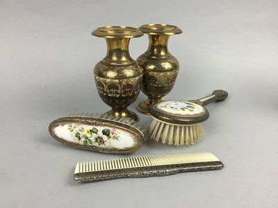 Lot 160 - A PAIR OF INDIAN BRASS VASES, 3 PIECE VANITY SET AND OTHER OBJECTS
