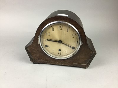 Lot 161 - AN OAK CASED MANTEL CLOCK, AN ILFPORD CAMERA, WASHBOARD AND A STONEWARE BOTTLE