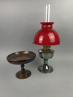 Lot 155 - A BRASS AND METAL OIL LAMP AND VARIOUS WOOD ITEMS
