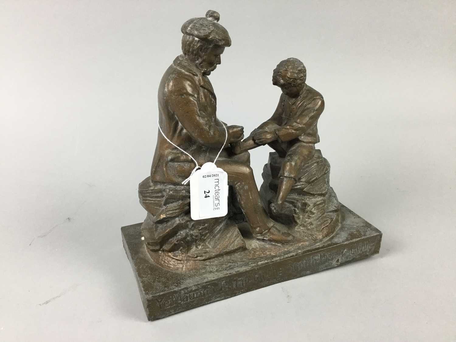 Lot 24 - A SPELTER SCULPTURE 'YE MAUNNA TRAMP ON THE SCOTCH THISTLE LADDIE'