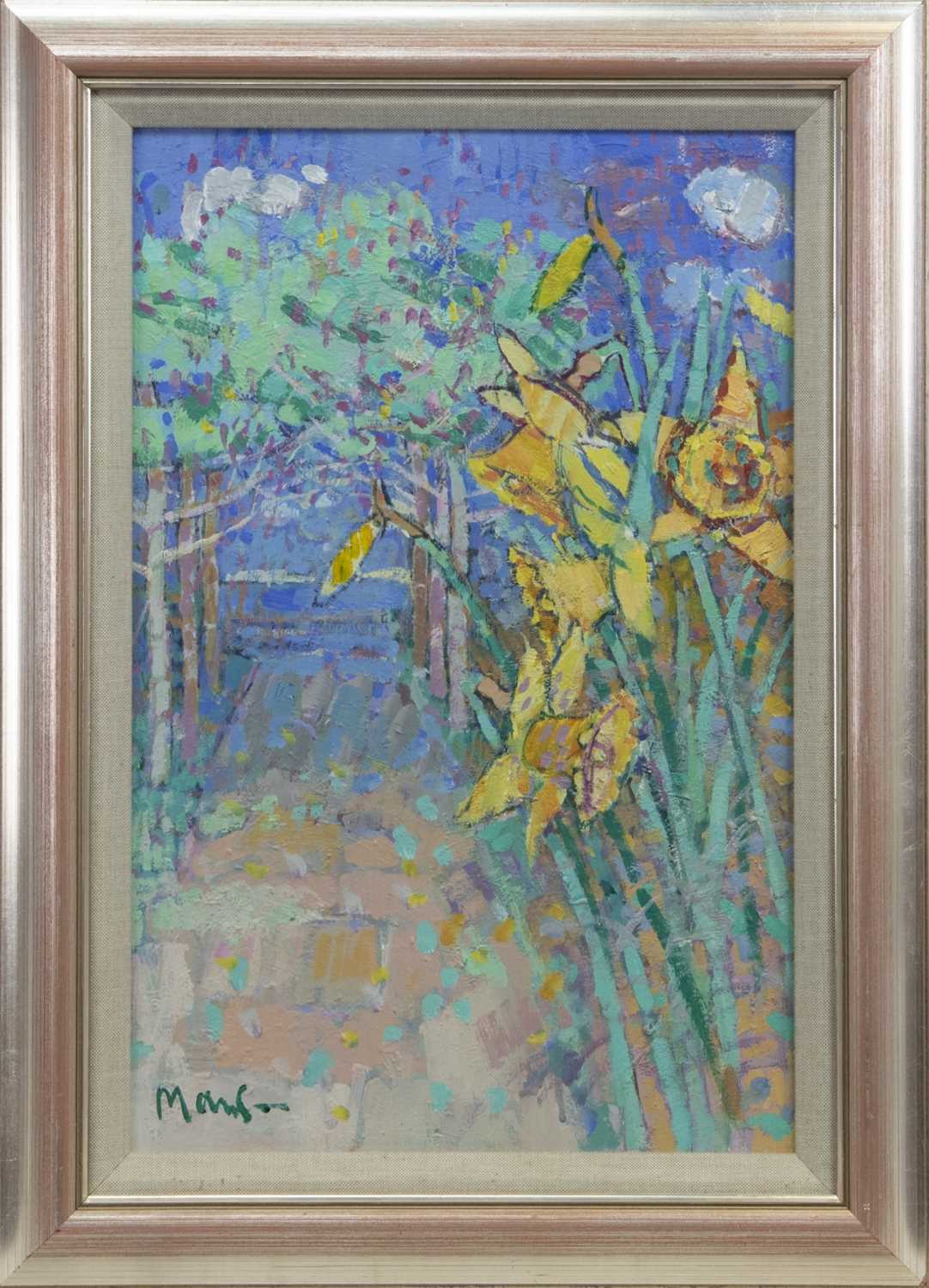 Lot 619 - DAFFODIL LANE TO THE SEA, AN OIL BY DONALD MANSON