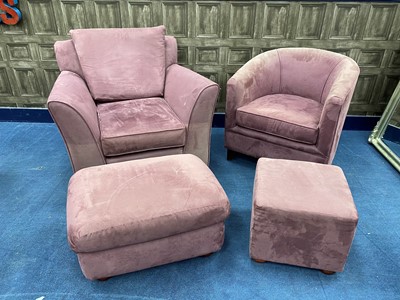 Lot 238 - A MODERN TUB CHAIR, A MAHOGANY CHAIR AND TWO FOOTSTOOLS