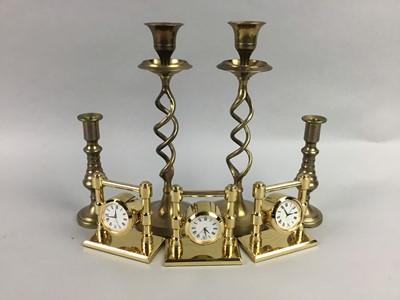 Lot 251 - A PAIR OF BRASS CANDLESTICKS, CLOCKS AND COINS