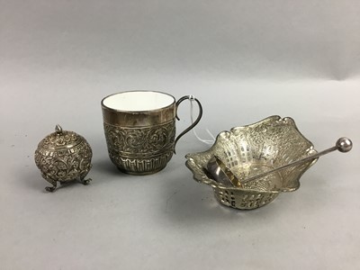 Lot 260 - A VICTORIAN SILVER CUP, ALONG WITH FLATWARE