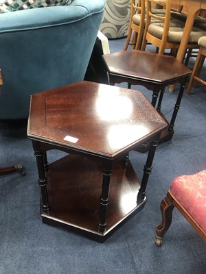 Lot 265 - A PAIR OF MAHOGANY HEXAGONAL OCCASIONAL TABLES, A FOOTSTOOL AND ANOTHER TABLE