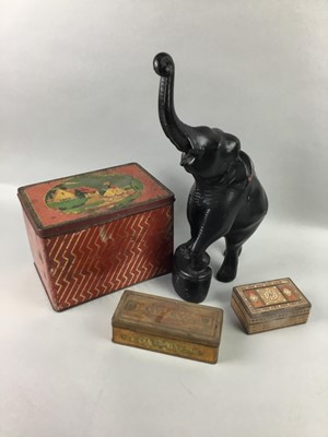 Lot 300 - A CARVED FIGURE OF AN ELEPHANT, ALONG THREE BOXES AND OTHER VINTAGE ITEMS