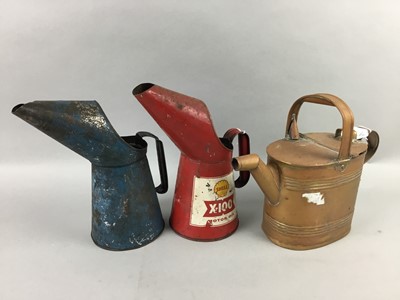 Lot 312 - A SHELL MOTOR OIL JUG, ALONG WITH BRASS AND COPPER WARES