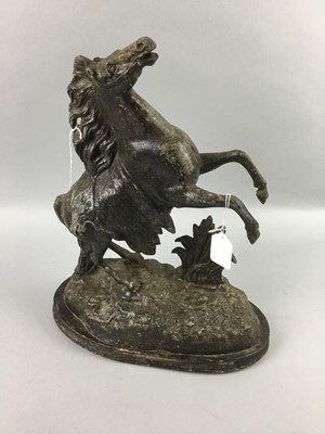 Lot 314 - A SPELTER MARLEY HORSE, ALONG WITH A HIGHLANDER AND A MARMALADE CUTTER