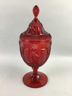 Lot 317 - A VICTORIAN RUBY BONBON JAR AND COVER, ALONG WITH CHINESE CERAMICS