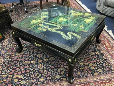 Lot 330 - A JAPANNED LACQUERED SQUARE COFFEE TABLE