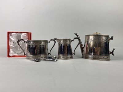 Lot 373 - A SILVER PLATED THREE PIECE TEA SERVICE, PERFUME BOTTLES AND OTHER OBJECTS