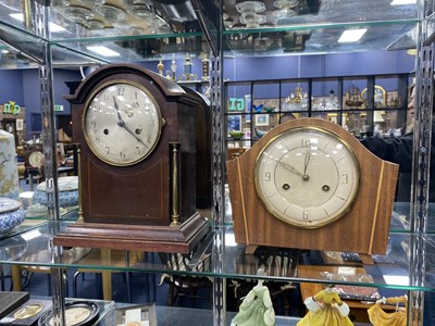 Lot 339 - AN INLAID MAHOGANY MANTEL CLOCK AND ANOTHER CLOCK