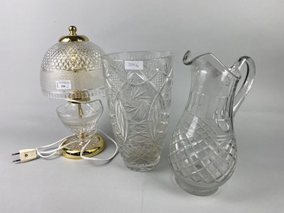 Lot 354 - A CRYSTAL TABLE LAMP, THREE CRYSTAL VASES AND OTHER CRYSTAL