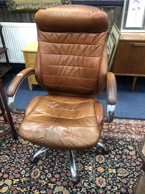 Lot 332 - A BROWN LEATHER SWIVEL ARMCHAIR