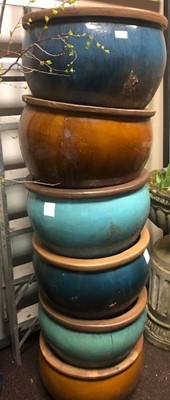 Lot 393 - A SET OF SIX GLAZED STONEWARE CIRCULAR GARDEN PLANTERS