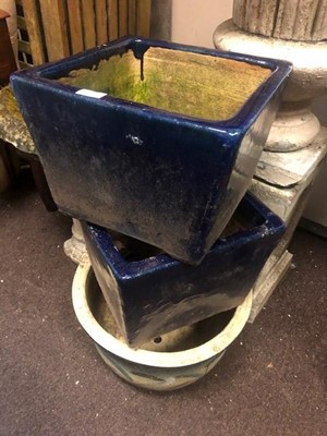 Lot 396 - A STONEWARE CIRCULAR PLANTER AND TWO SQUARE PLANTERS