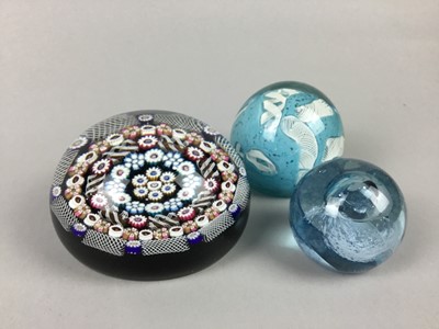 Lot 479 - A CAITHNESS GLASS PAPERWEIGHT, ALONG WITH TWO OTHER PAPERWEIGHTS AND CERAMICS