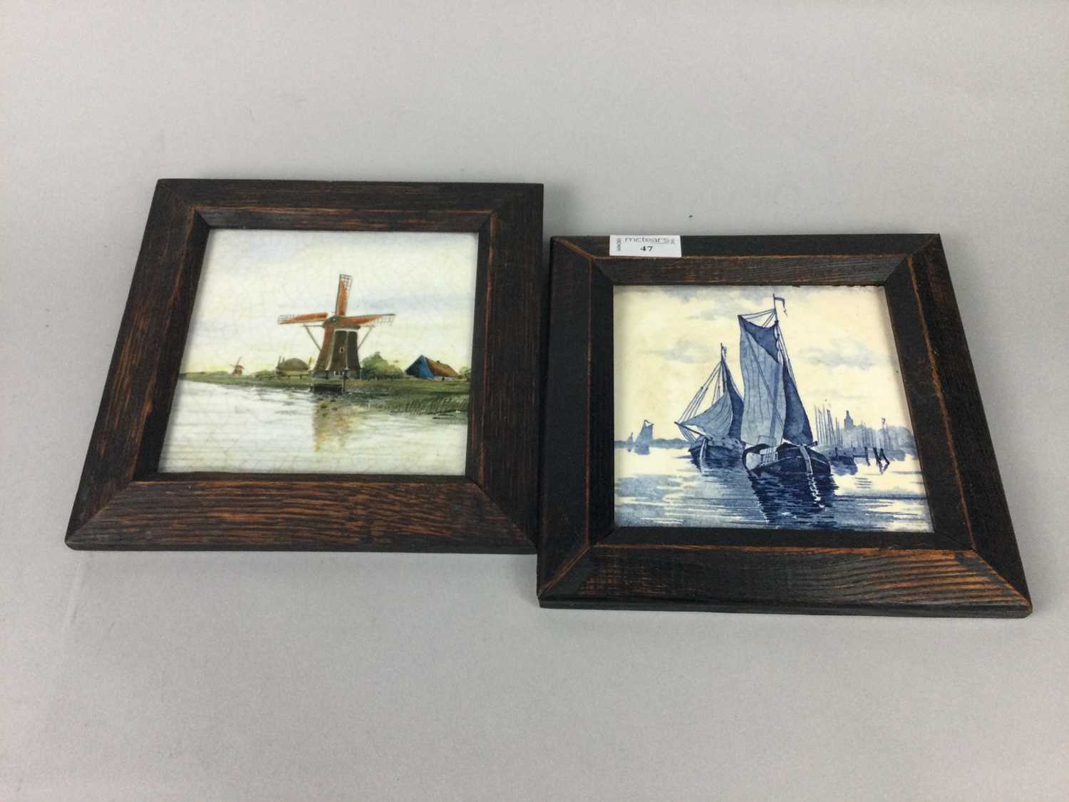 Lot 47 - A FRAMED DELFT STYLE BLUE AND WHITE TILE ALONG WITH ANOTHER