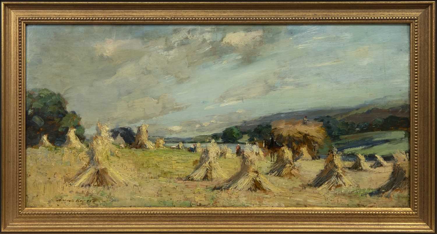 Lot 74 - HAYSTACKS, AN OIL BY ARCHIBALD KAY