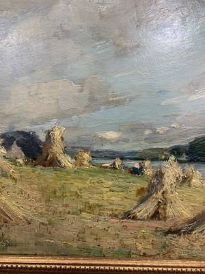 Lot 74 - HAYSTACKS, AN OIL BY ARCHIBALD KAY