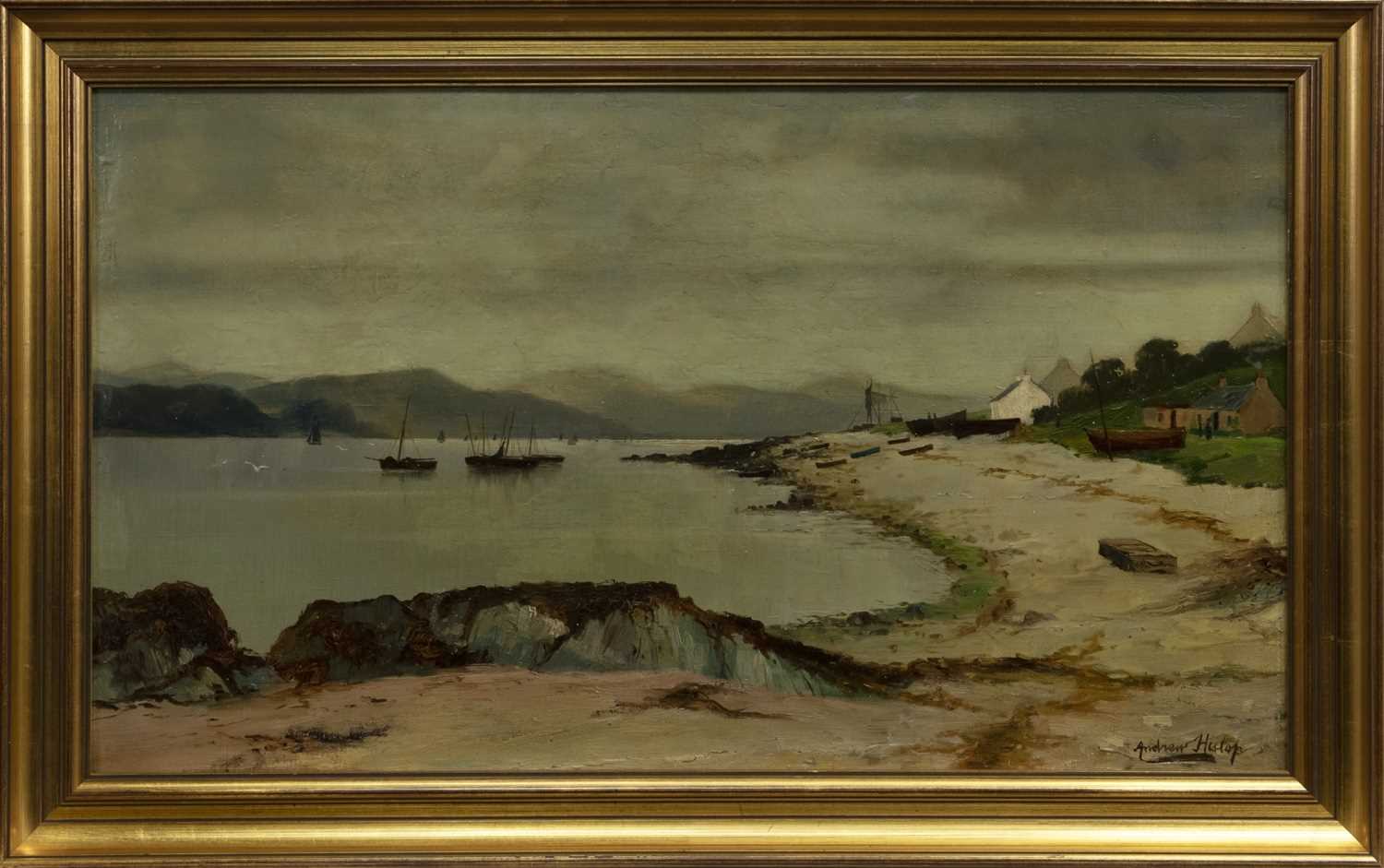 Lot 76 - SHORE OF THE LOCH, AN OIL BY ANDREW HISLOP