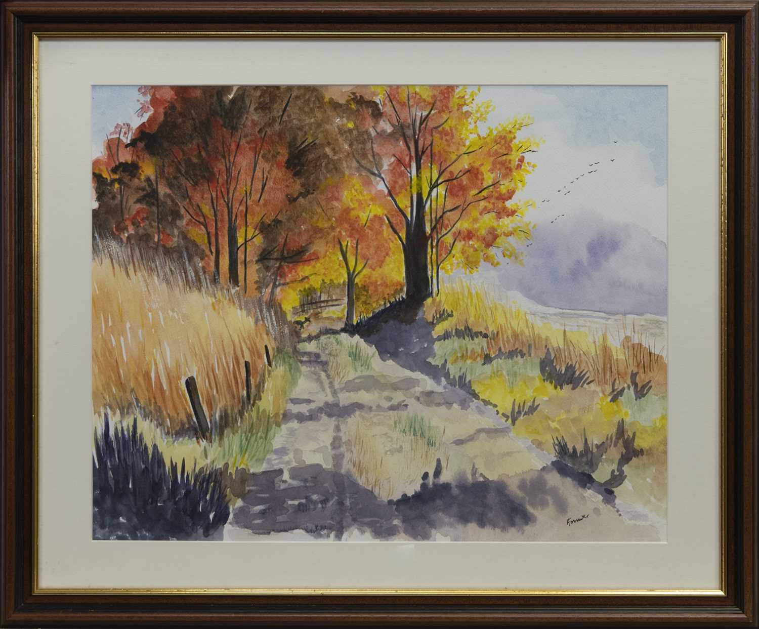 Lot 88 - AUTUMN TRAIL, A WATERCOLOUR BY JAMES FORRESTER