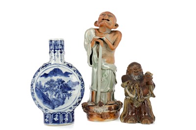Lot 738 - A LOT OF TWO CHINESE POTTERY FIGURES AND A MOONFLASK VASE