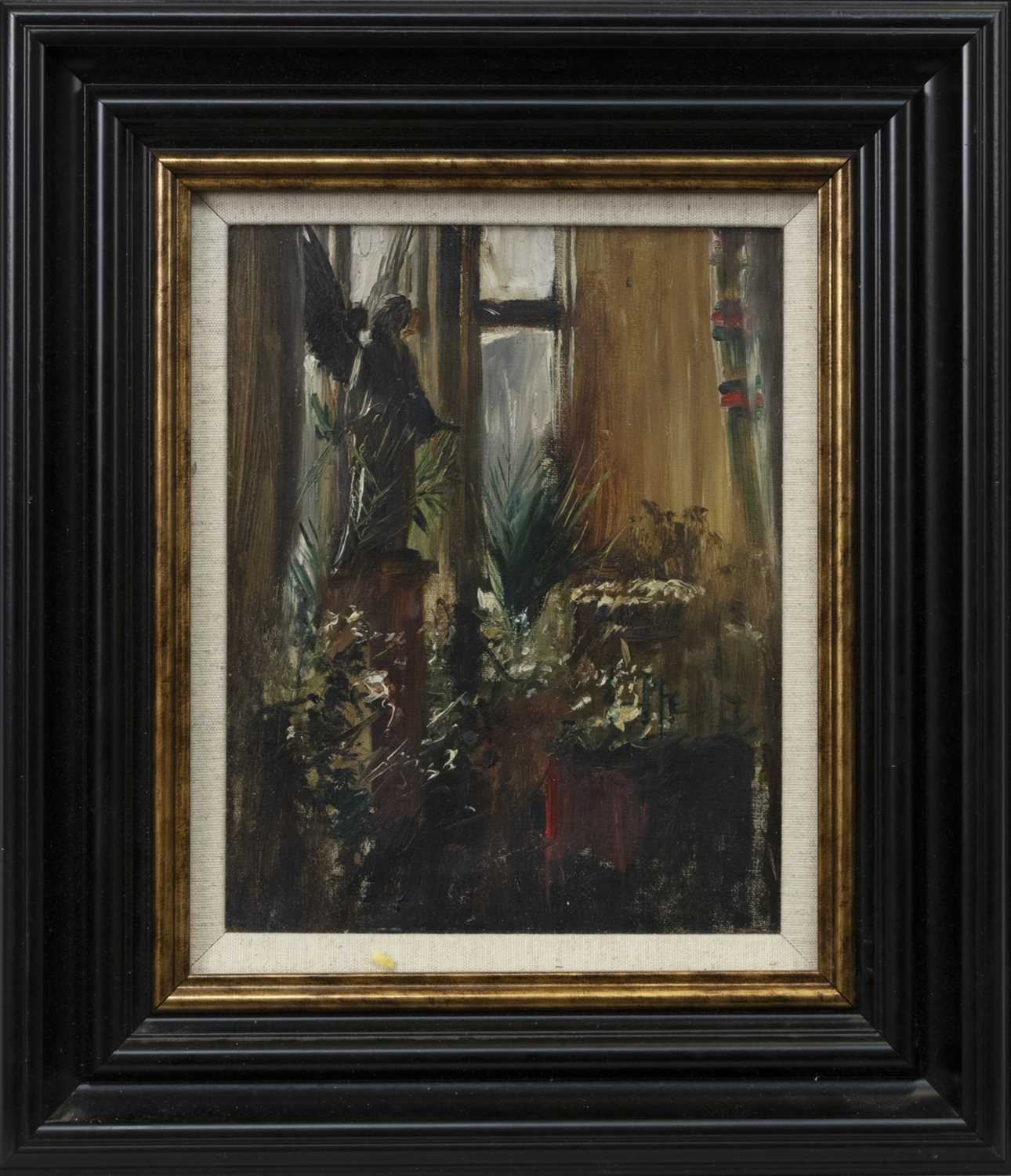 Lot 83 - GLASGOW INTERIOR WITH ANGEL SCULPTURE, A SCOTTISH OIL