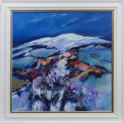 Lot 741 - FIRST SNOWS, KINTYRE, AN ACRYLIC BY SHELAGH CAMPBELL