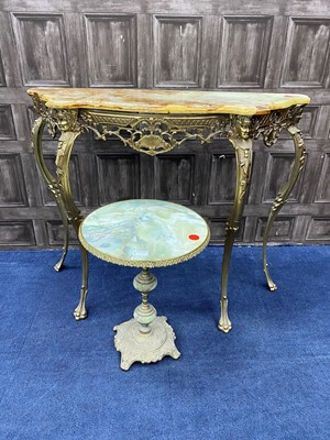 Lot 137 - TWO GILT METAL AND COMPOSTITION SIDE TABLES, ALONG WITH ANOTHER OCCASIONAL TABLE