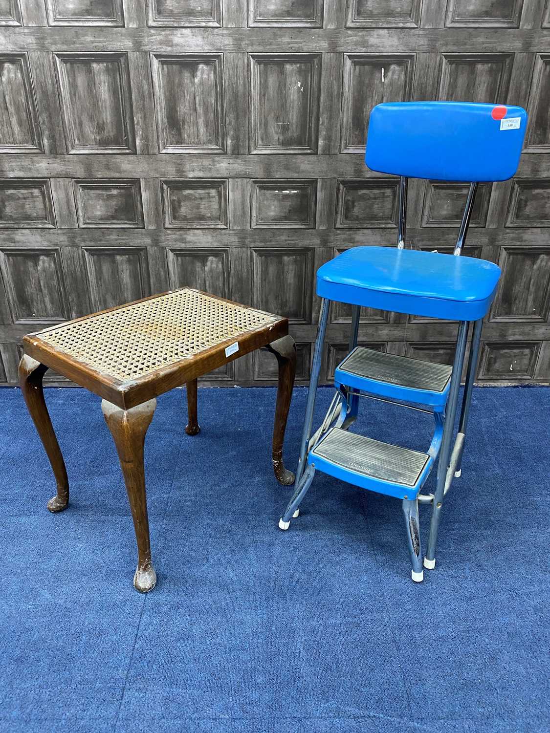 Lot 140 - A RETRO STEP STOOL AND A MAHOGANY STOOL