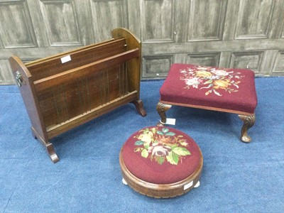 Lot 164 - A VICTORIAN INLAID WALNUT CIRCULAR FOOTSTOOL, ANOTHER STOOL AND A MAGAZINE RACK