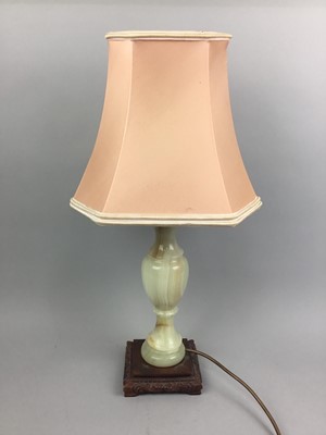 Lot 165 - AN ONYX TABLE LAMP WITH SHADE AND TWO OTHER LAMPS