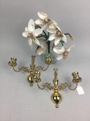 Lot 172 - A TWO ORNAMENTAL NEEDLEWORK BELL PULLS, BRASS WALL CANDELABRA AND AN ORNAMENTAL TREE