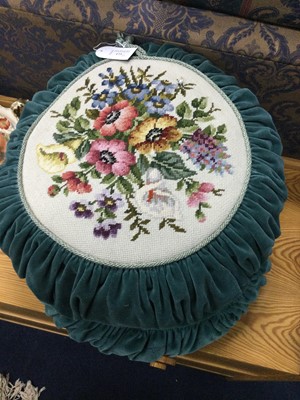 Lot 173 - A PAIR OF VINTAGE FLORAL EMBROIDERED CIRCULAR SCATTER CUSHIONS