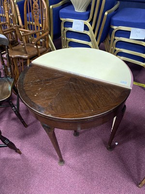 Lot 191 - A MAHOGANY DEMI-LUNE TURNOVER CARD TABLE AND ANOTHER