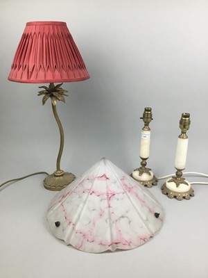 Lot 182 - A PAIR OF ALABASTER AND BRASS TABLE LAMPS, ANOTHER LAMP AND A LIGHT SHADE