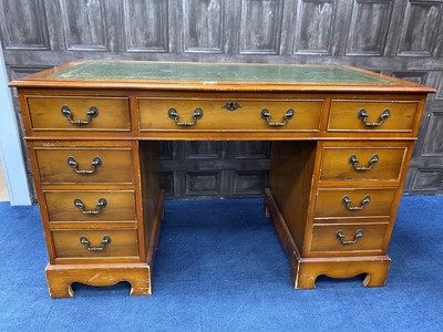 Lot 259 - A MODERN YEW-WOOD PEDESTAL WRITING DESK